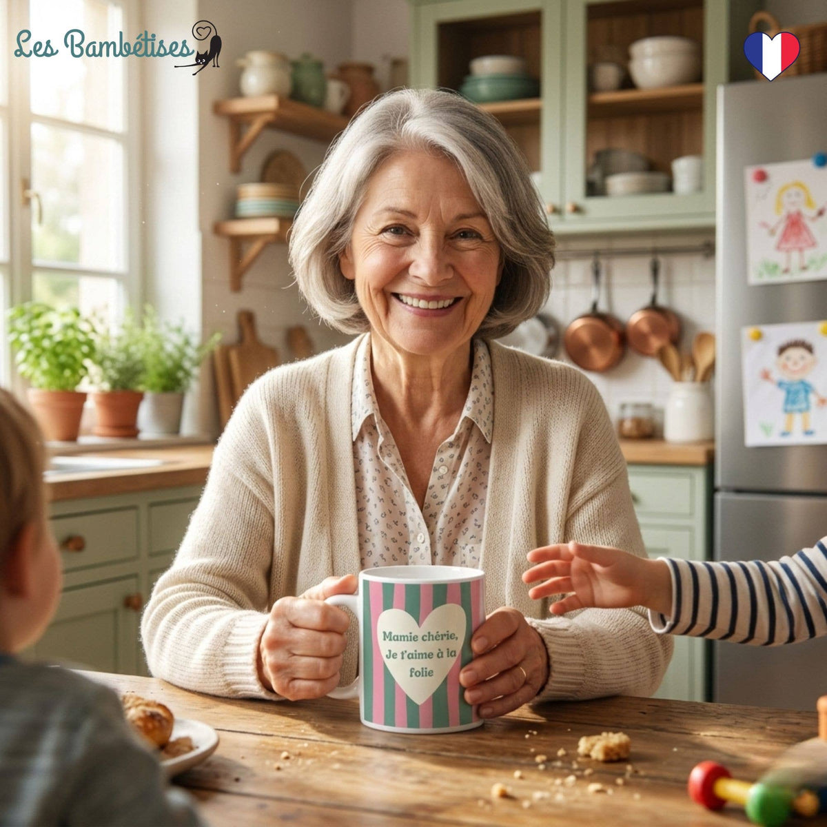 Mug Mamie chérie, je t’aime à la folie - Rayures rose et ver