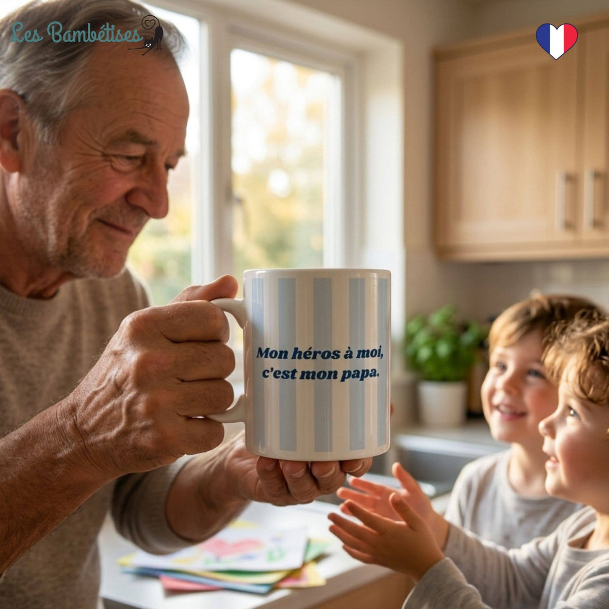Mug Papa : « Mon héros à moi, c’est mon papa » Rayures Bleu