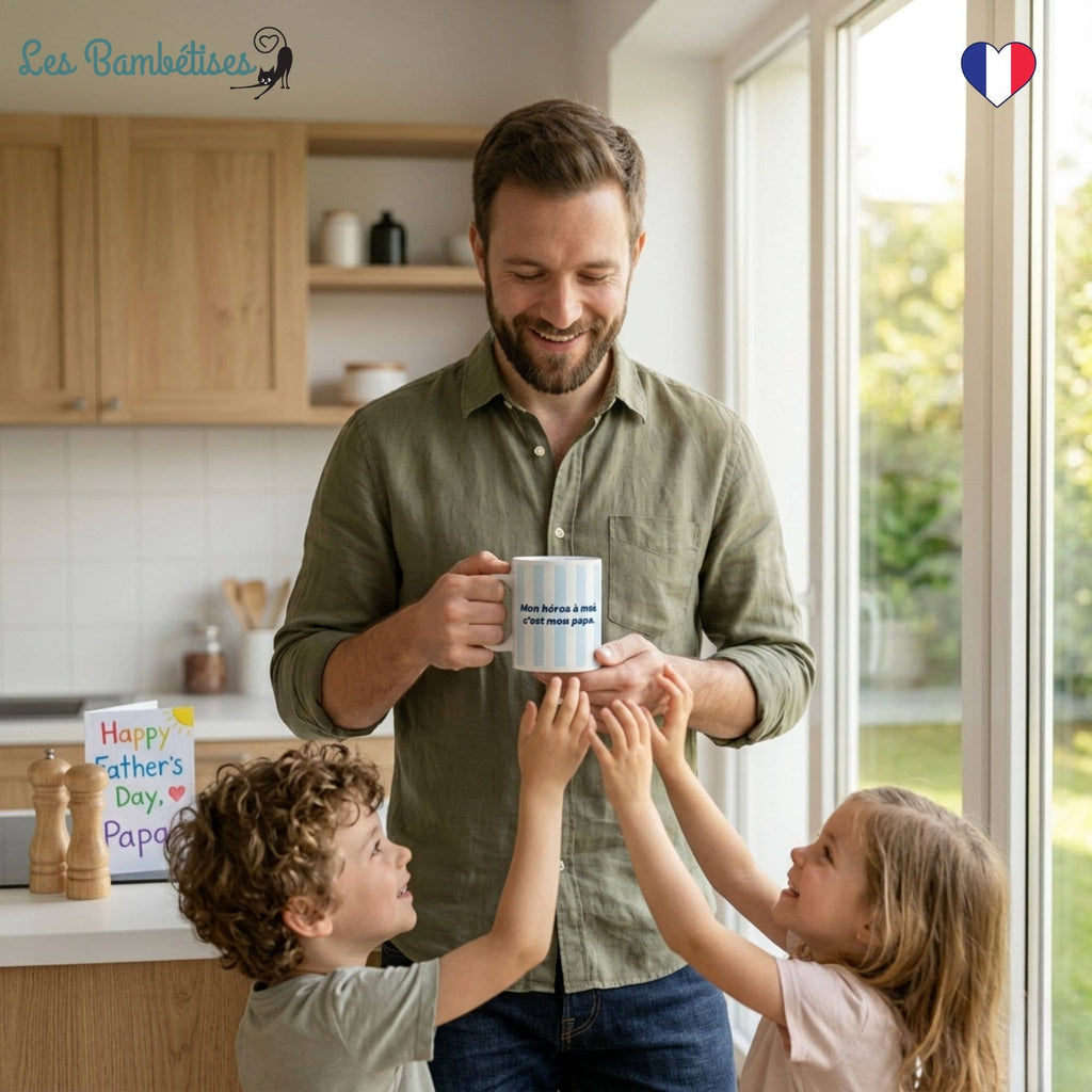 Mug Papa : « Mon héros à moi, c’est mon papa » Rayures Bleu