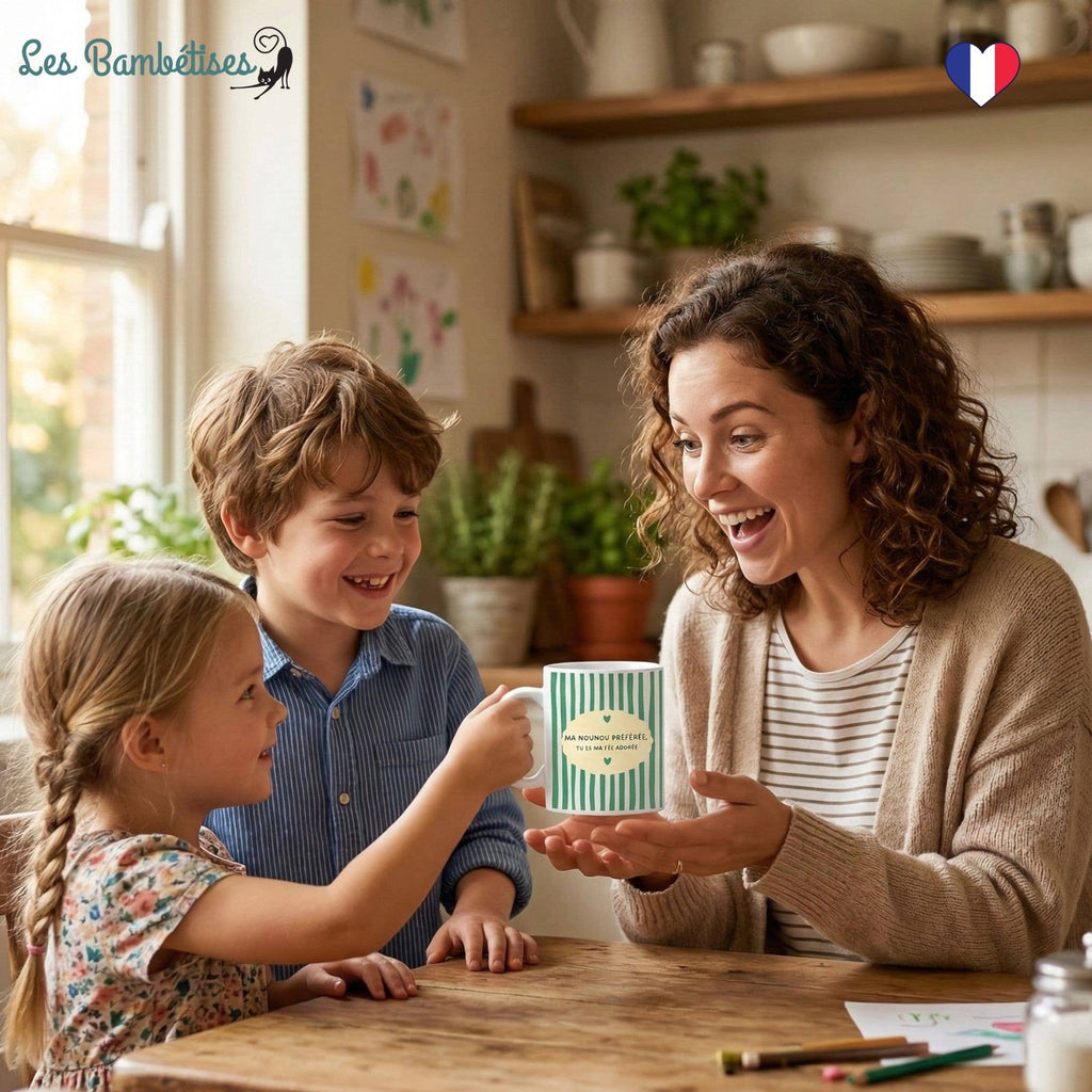 Mug Rayures Vertes "Ma nounou préférée, tu es ma fée adorée"
