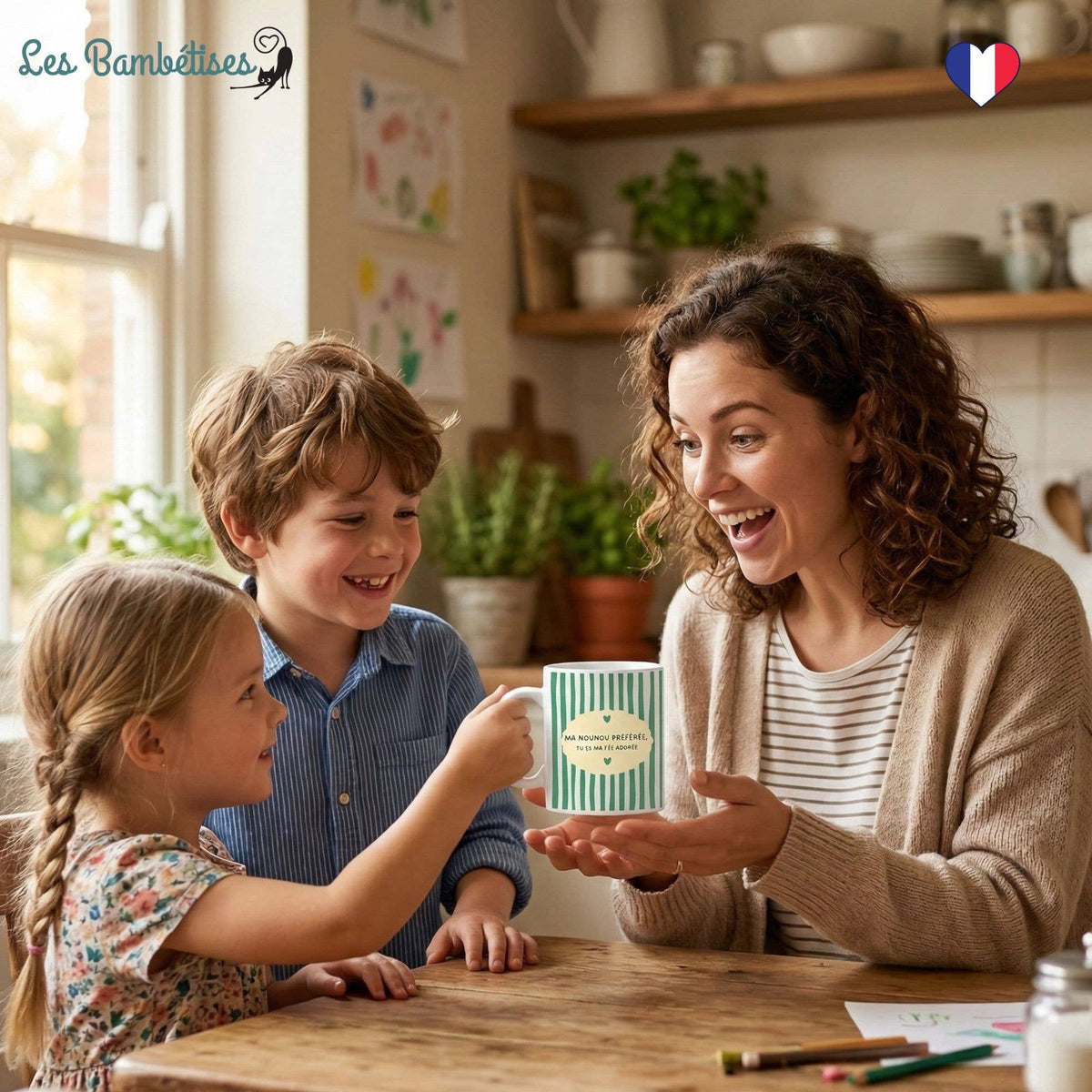 Mug Rayures Vertes "Ma nounou préférée, tu es ma fée adorée"