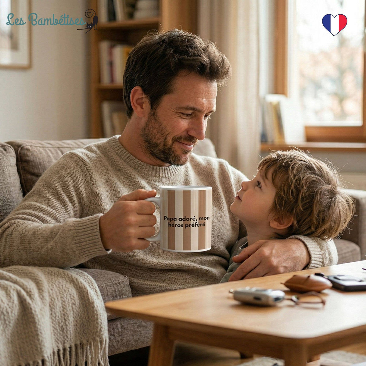 Mug « Papa adoré, mon héros préféré » Rayures Marron