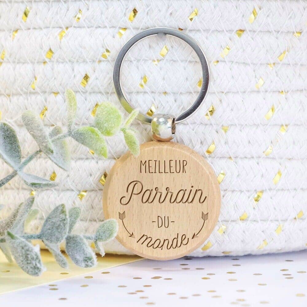 Porte-clés bois famille - Meilleur Parrain