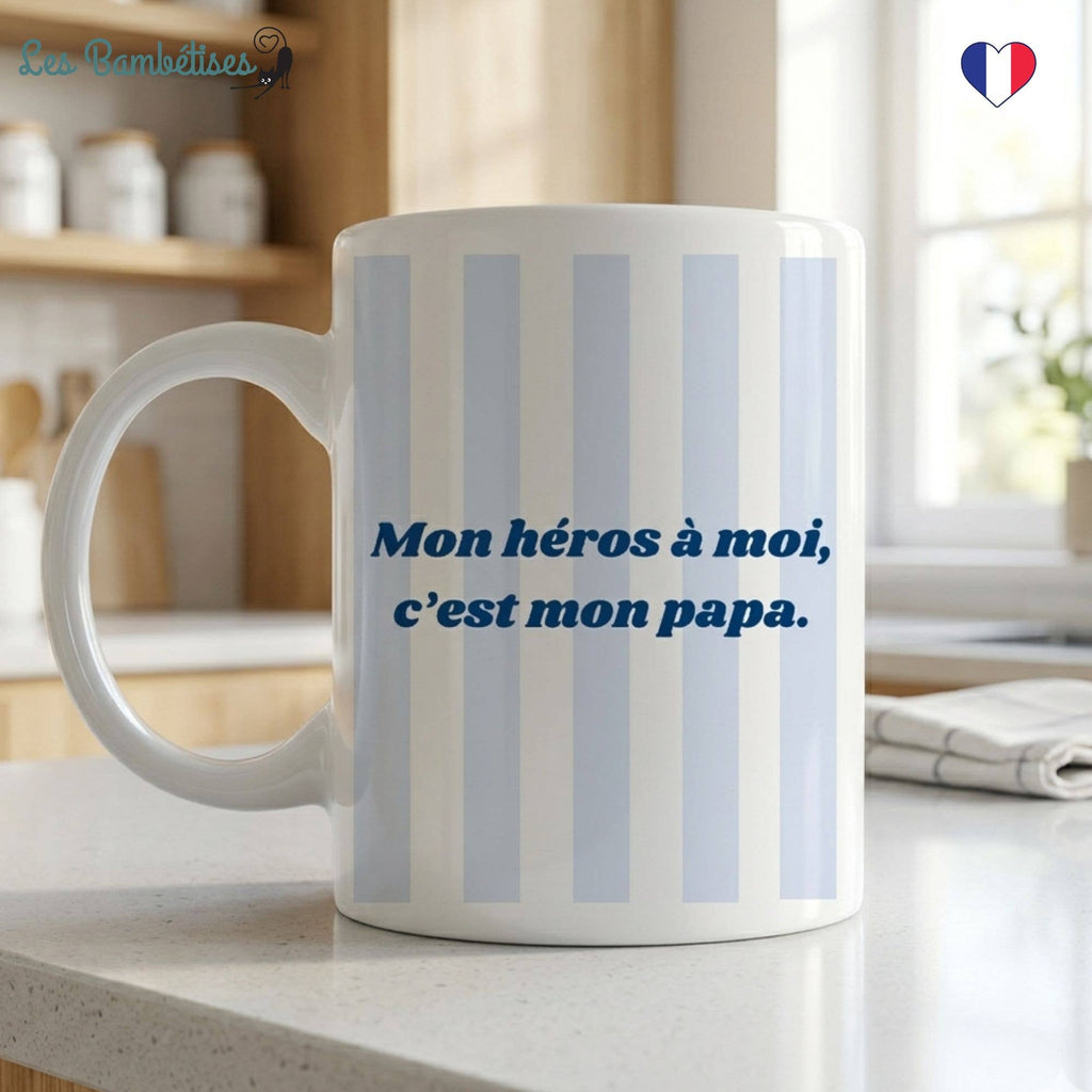 Mug Papa : « Mon héros à moi, c’est mon papa » Rayures Bleu