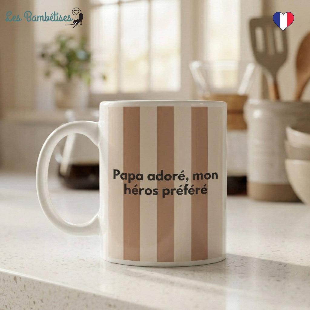 Mug « Papa adoré, mon héros préféré » Rayures Marron