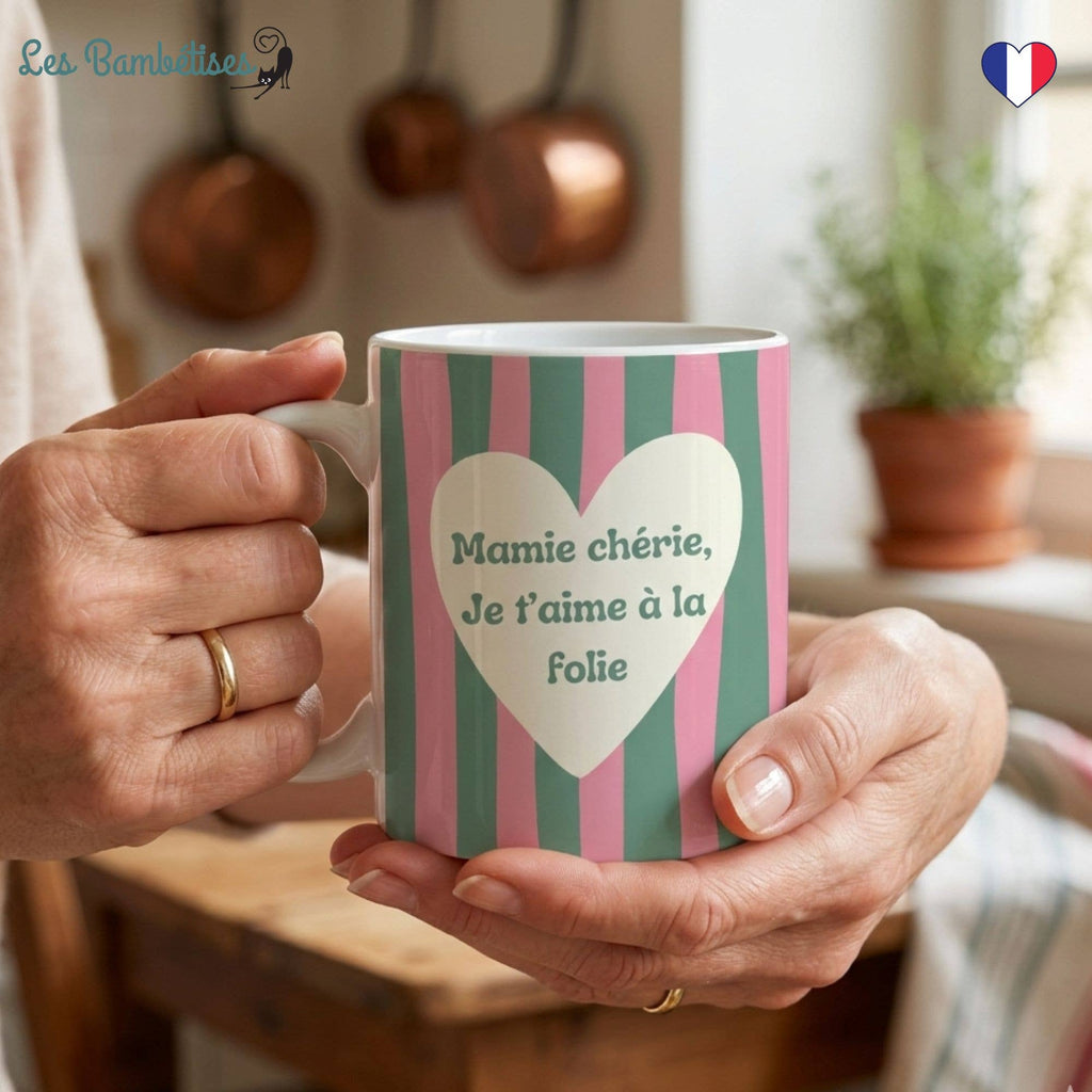 Mug Mamie chérie, je t’aime à la folie - Rayures rose et ver
