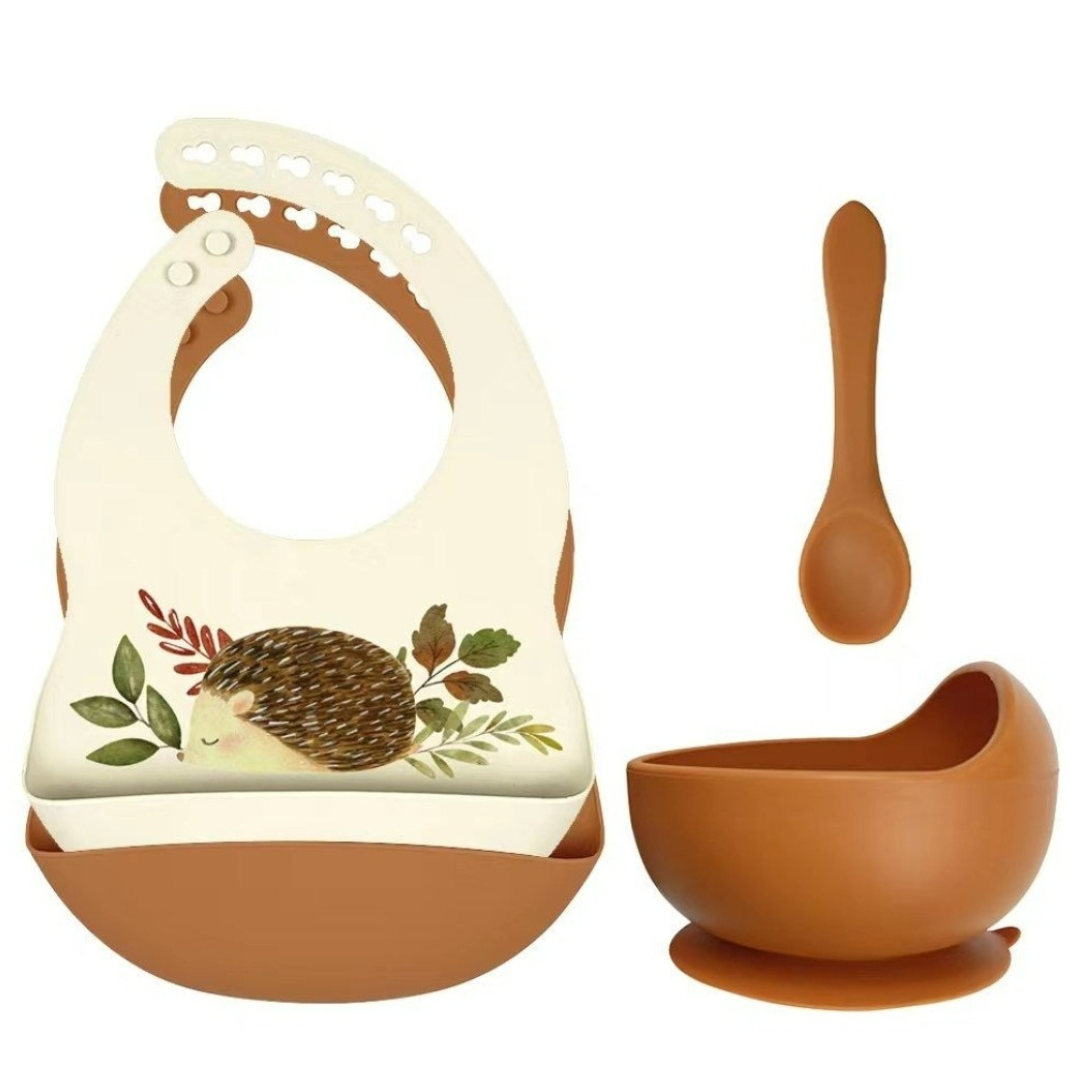 Set de bavoirs en silicone, bol avec ventouse et cuillère - Hérisson
