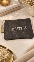 POCHETTE BRILLANTE A MESSAGE BRODE: BESTIES (20*14 cm) : MARRON / 100% POLYESTER