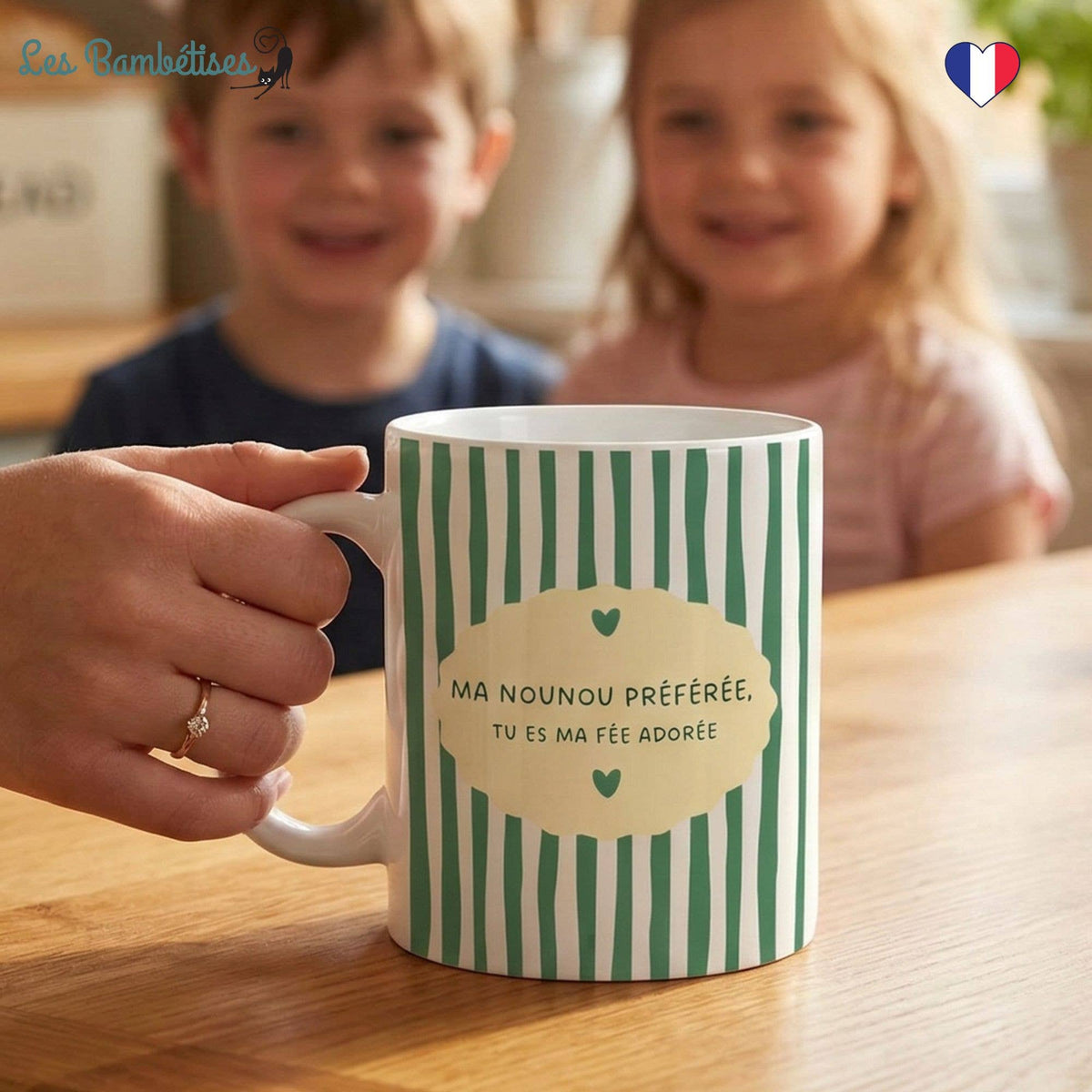 Mug Rayures Vertes "Ma nounou préférée, tu es ma fée adorée"