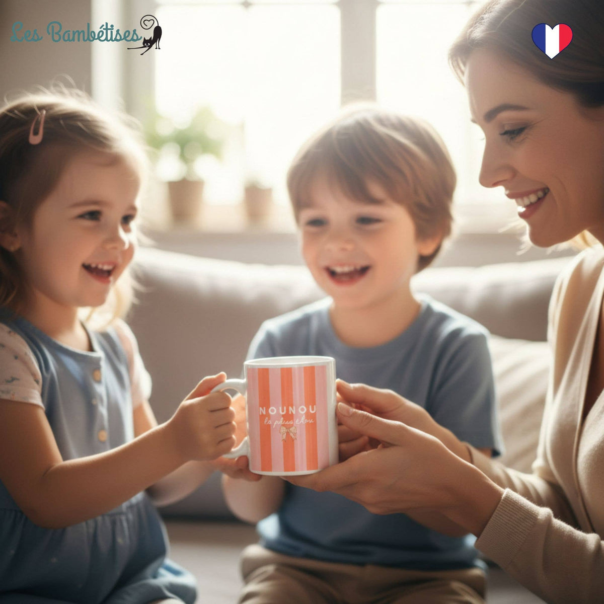 Mug Nounou la plus chou - Rayures Pêche