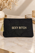 POCHETTE BRILLANTE A MESSAGE BRODE: SEXY BITCH (20*14 cm): Noir / 100% POLYESTER