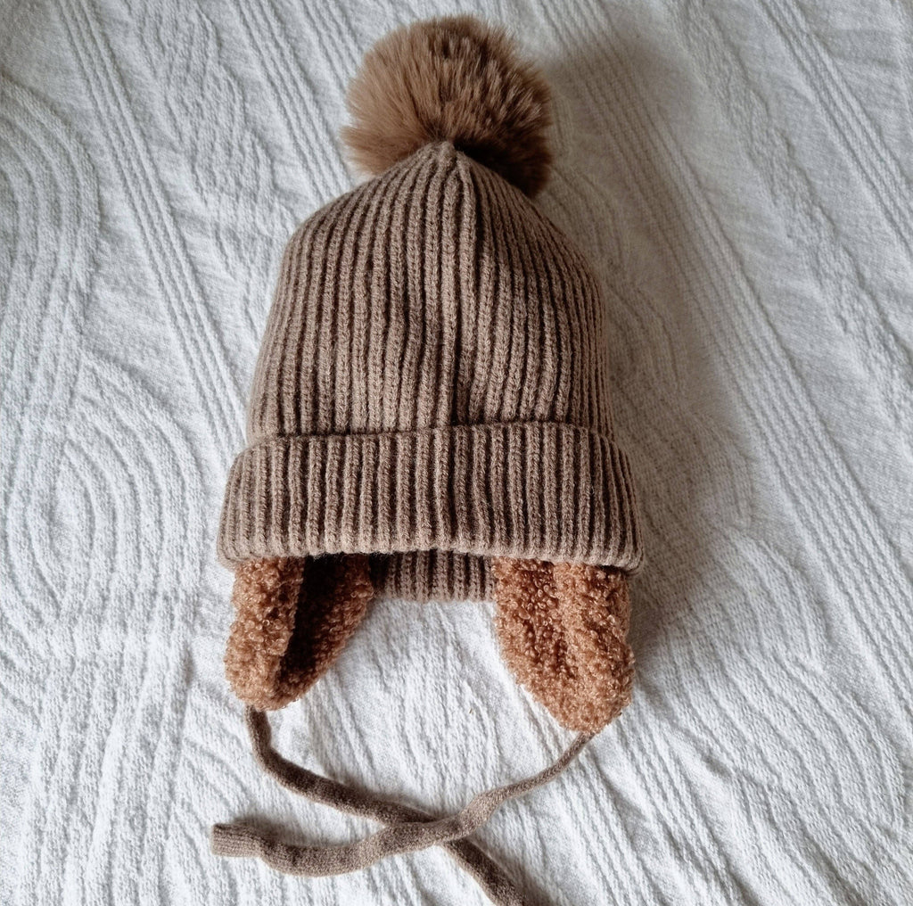 Bonnet d'hiver pour bébé avec cache-oreilles et pompon - Marron