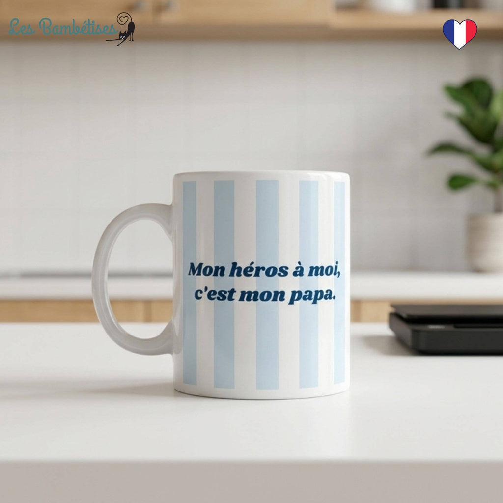 Mug Papa : « Mon héros à moi, c’est mon papa » Rayures Bleu