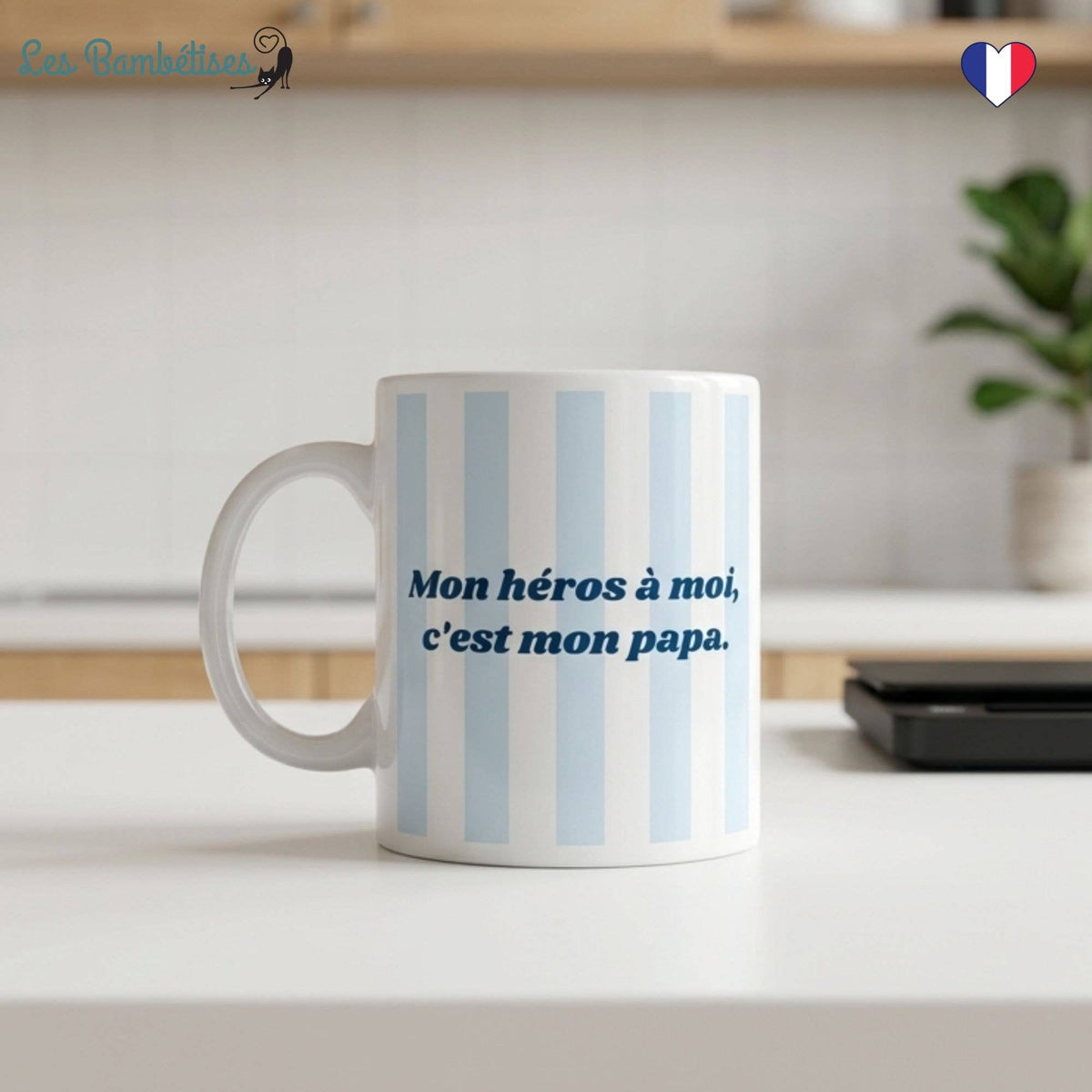 Mug Papa : « Mon héros à moi, c’est mon papa » Rayures Bleu