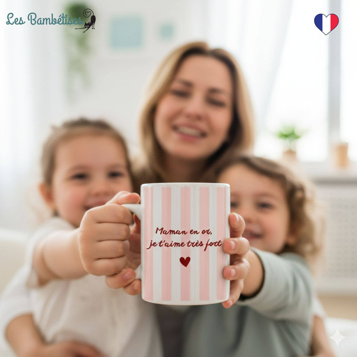 Mug Maman en Or, je t’aime très fort - Rayures Rose