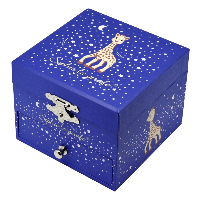 Boîte à musique cube Sophie la Girafe – fond bleu étoilé, vue de jour