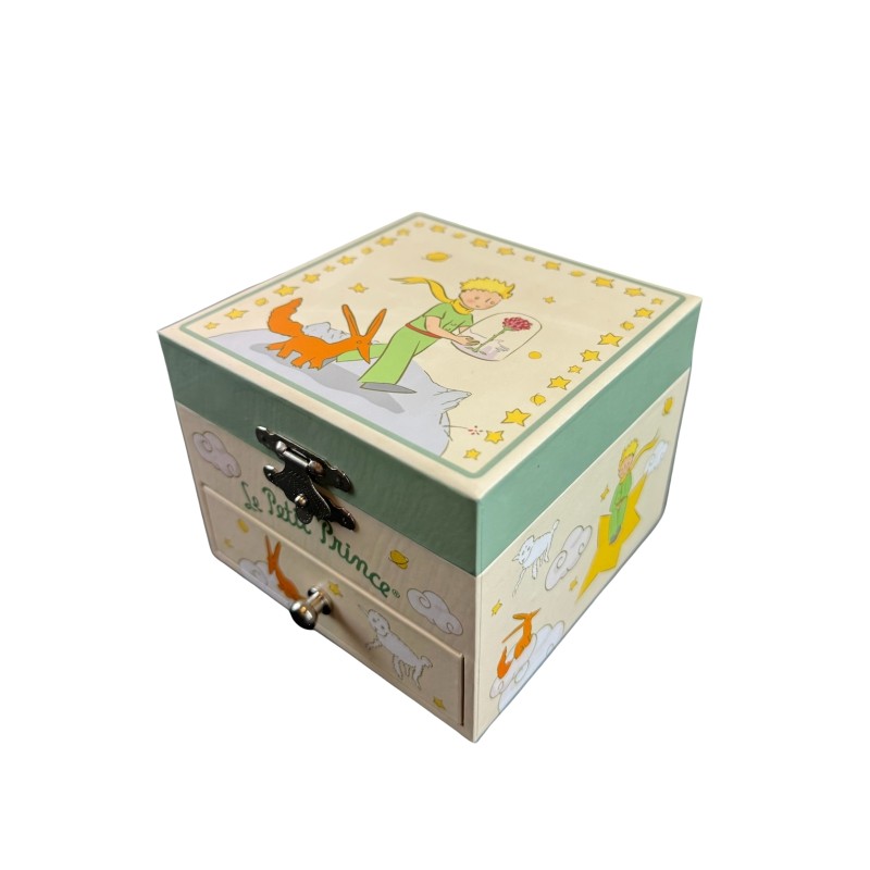 Boîte à musique cube Le Petit Prince – thème Jardin, tons clairs avec renard et rose