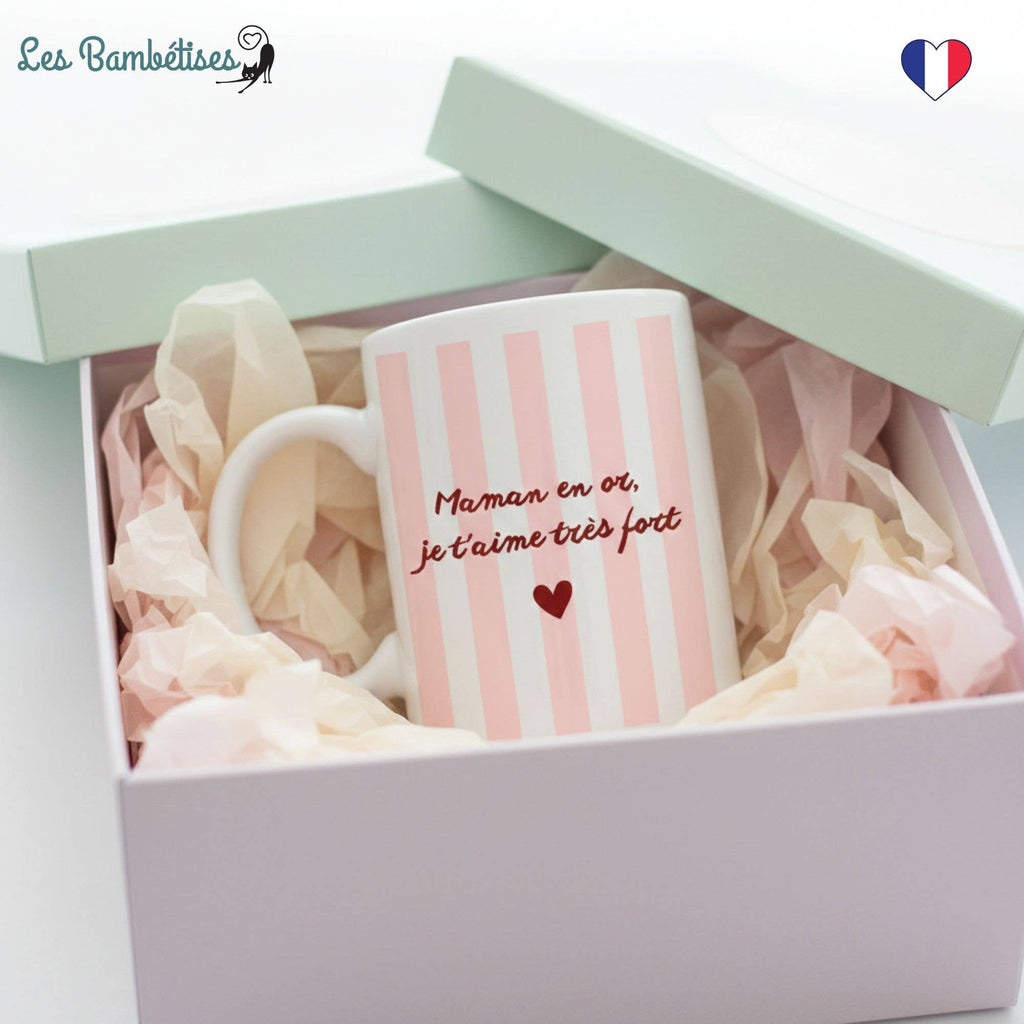 Mug Maman en Or, je t’aime très fort - Rayures Rose