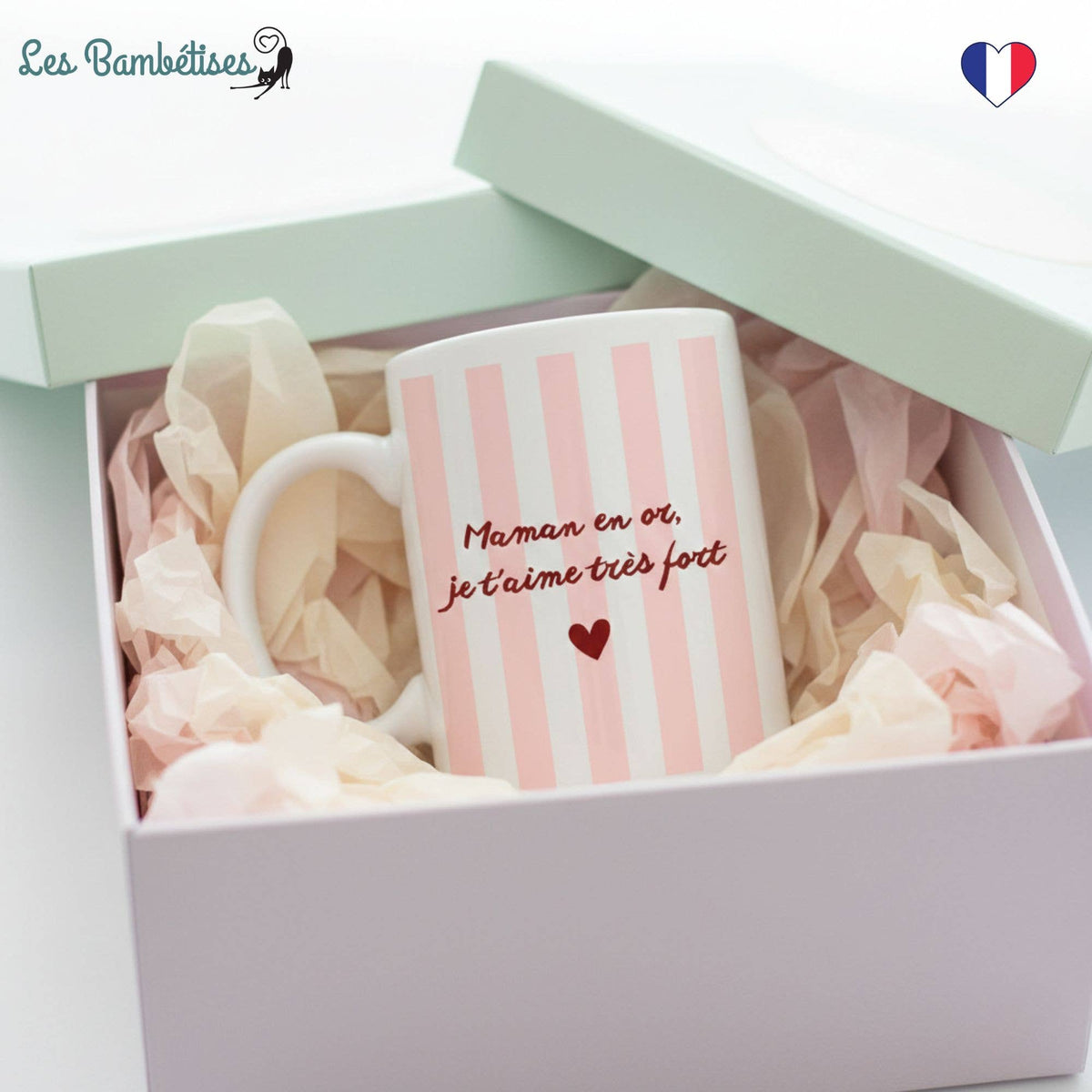 Mug Maman en Or, je t’aime très fort - Rayures Rose