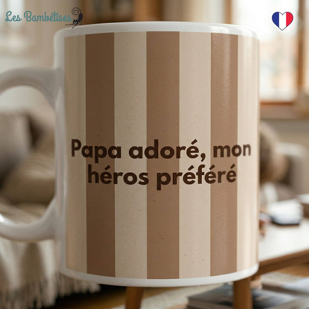 Mug « Papa adoré, mon héros préféré » Rayures Marron