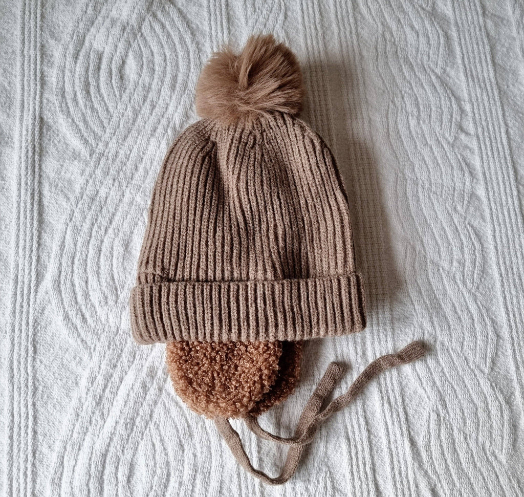 Bonnet d'hiver pour bébé avec cache-oreilles et pompon - Marron