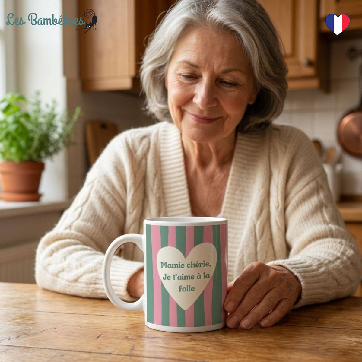 Mug Mamie chérie, je t’aime à la folie - Rayures rose et ver